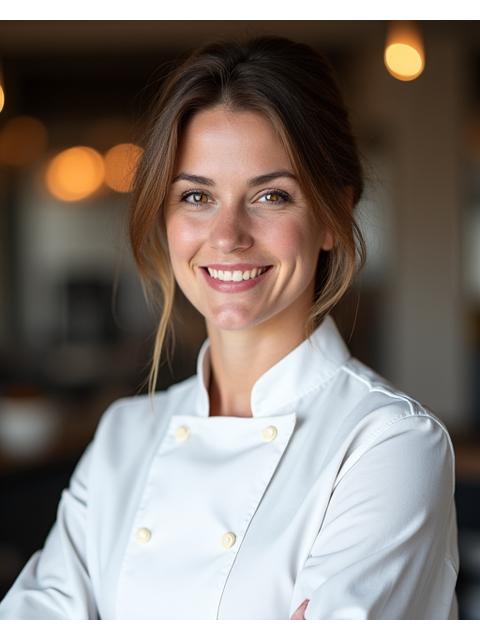 Professional portrait of Chef Eleanor Vance, the founder of Deep Dish Dining, smiling in a chef's jacket.