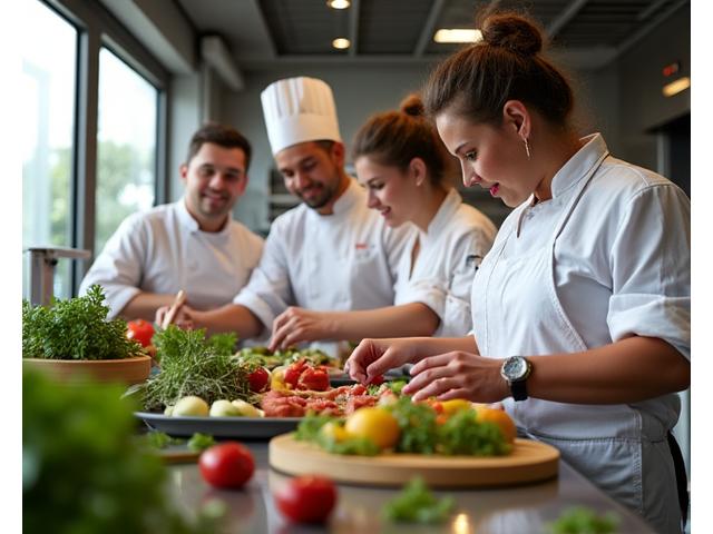 Our culinary team collaborating in a professional, modern kitchen, preparing dishes with fresh ingredients.