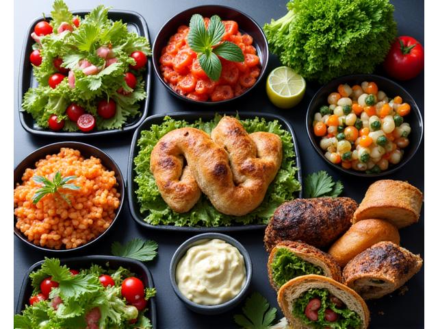 Gourmet corporate lunch spread with fresh salads and sandwiches