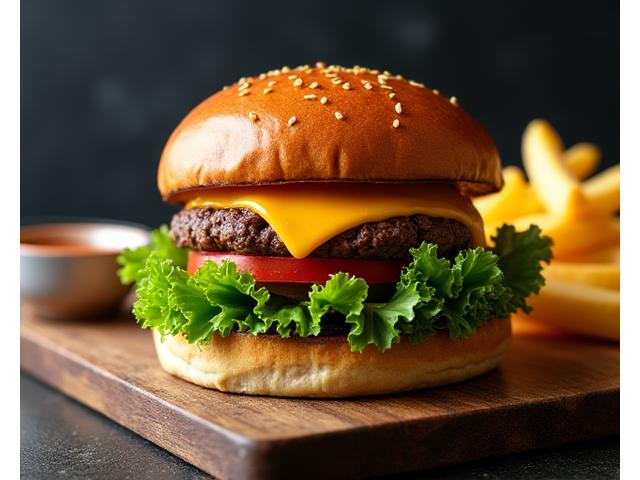 Stylized gourmet burger on a rustic wooden board