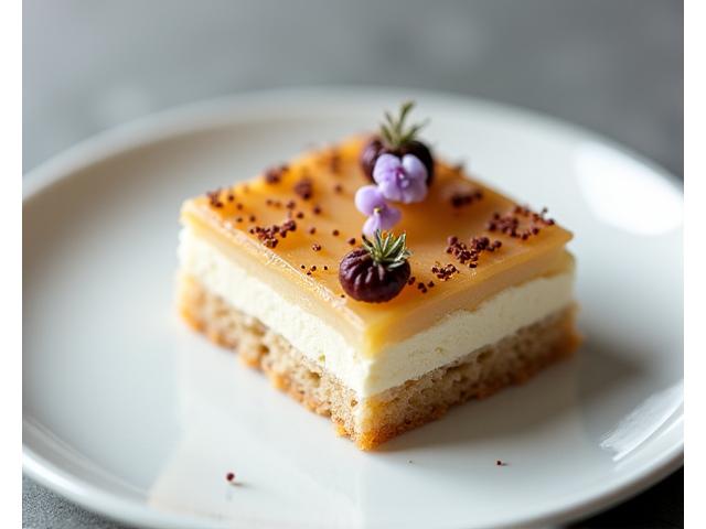 Delicate pastry with artistic garnishes on a white plate