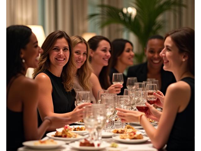Happy guests enjoying food and drinks at a catered event