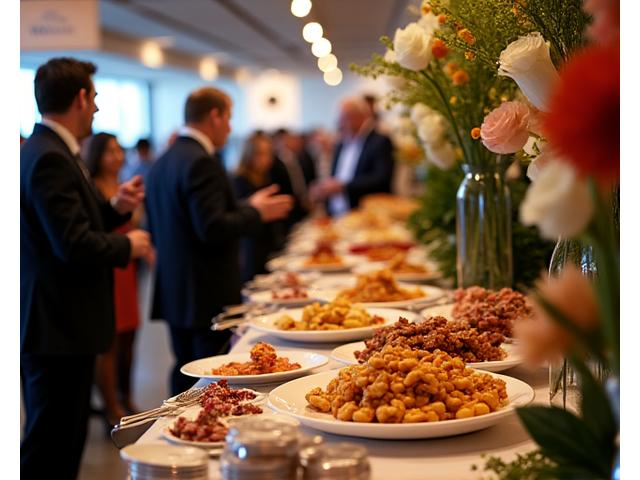 Professional networking event with elegant food stations