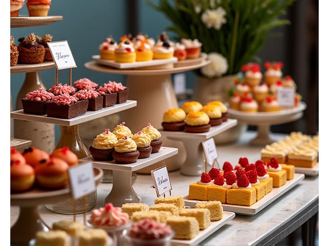 Luxurious wedding dessert bar with various pastries and fruits