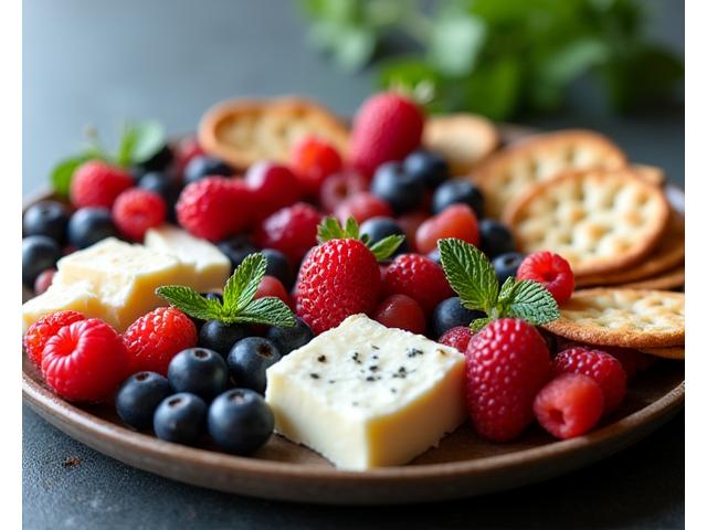 Elegant wedding appetizer platter with fresh berries and cheese