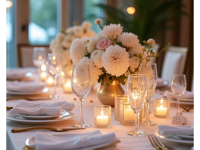Beautifully decorated wedding tablescape with floral arrangements