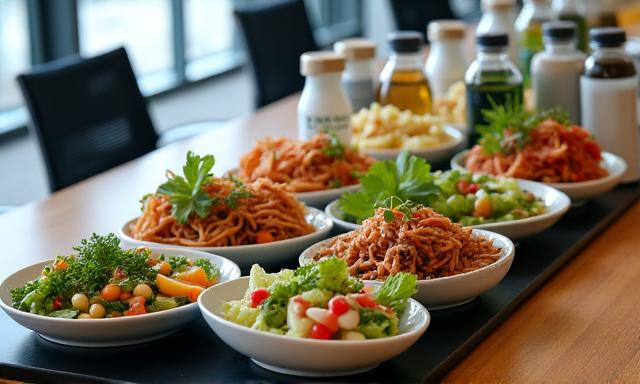 Professional corporate lunch spread in a meeting room