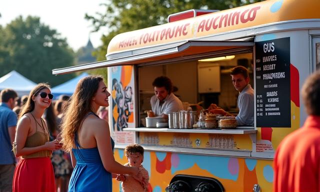 Gourmet food truck serving customers at an outdoor event