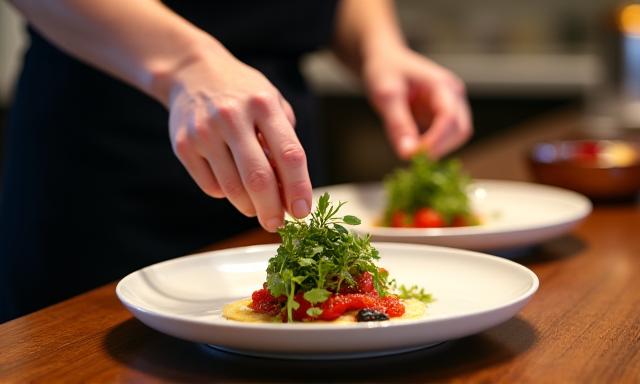 Chef plating a gourmet meal in a private home setting