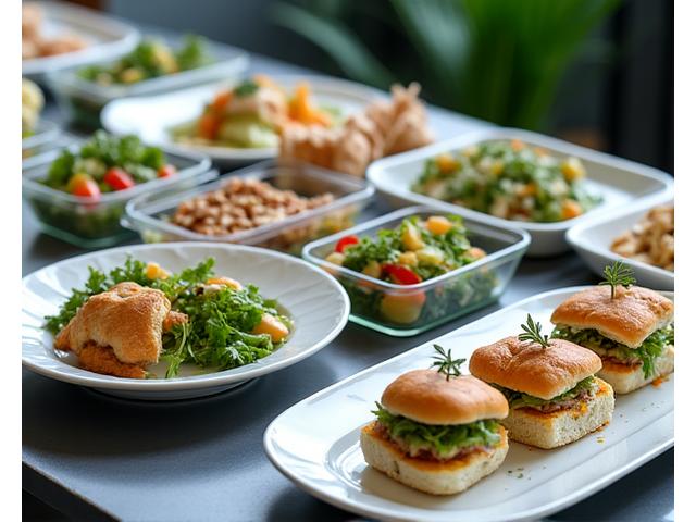 A variety of modern corporate lunch dishes beautifully presented at an office event