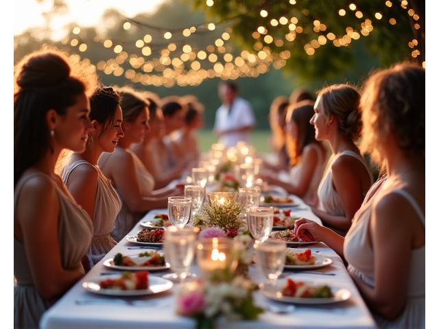 Guests enjoying a beautifully catered wedding feast outdoors