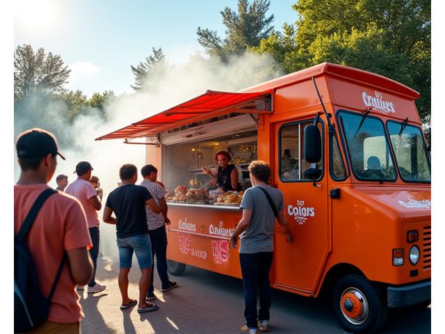A vibrant food truck serving gourmet dishes at a lively outdoor event