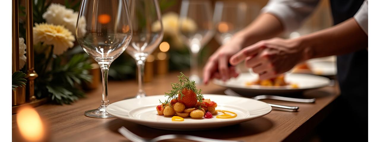 A chef preparing a meticulous dish on a beautifully set table for a catered event.