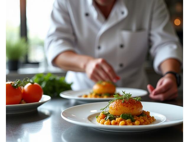 A private chef plating a delicious dish in a bright, modern home kitchen