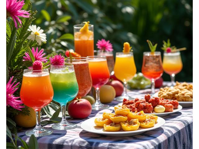 A lavishly decorated table with food matching a tropical theme event